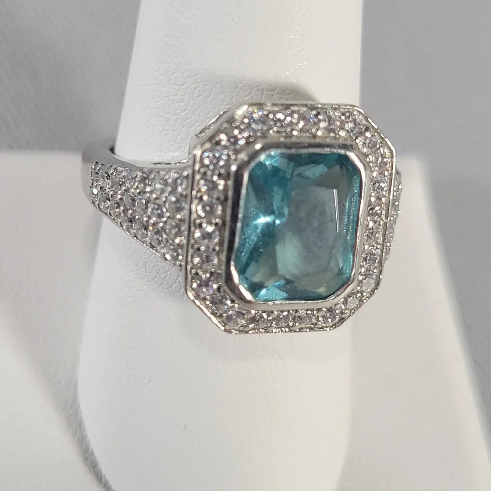 LNT Halo Ring Womens Size 8.75 Silver Aqua Emerald Cut Glass Pave Statement